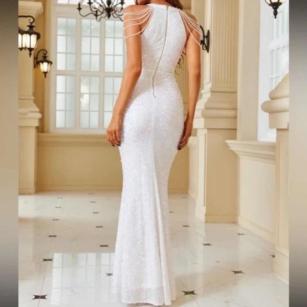 Luxe champagne Sequin Rhinestone Halter Formal Black Tie Wedding Dress - Picture 7 of 16